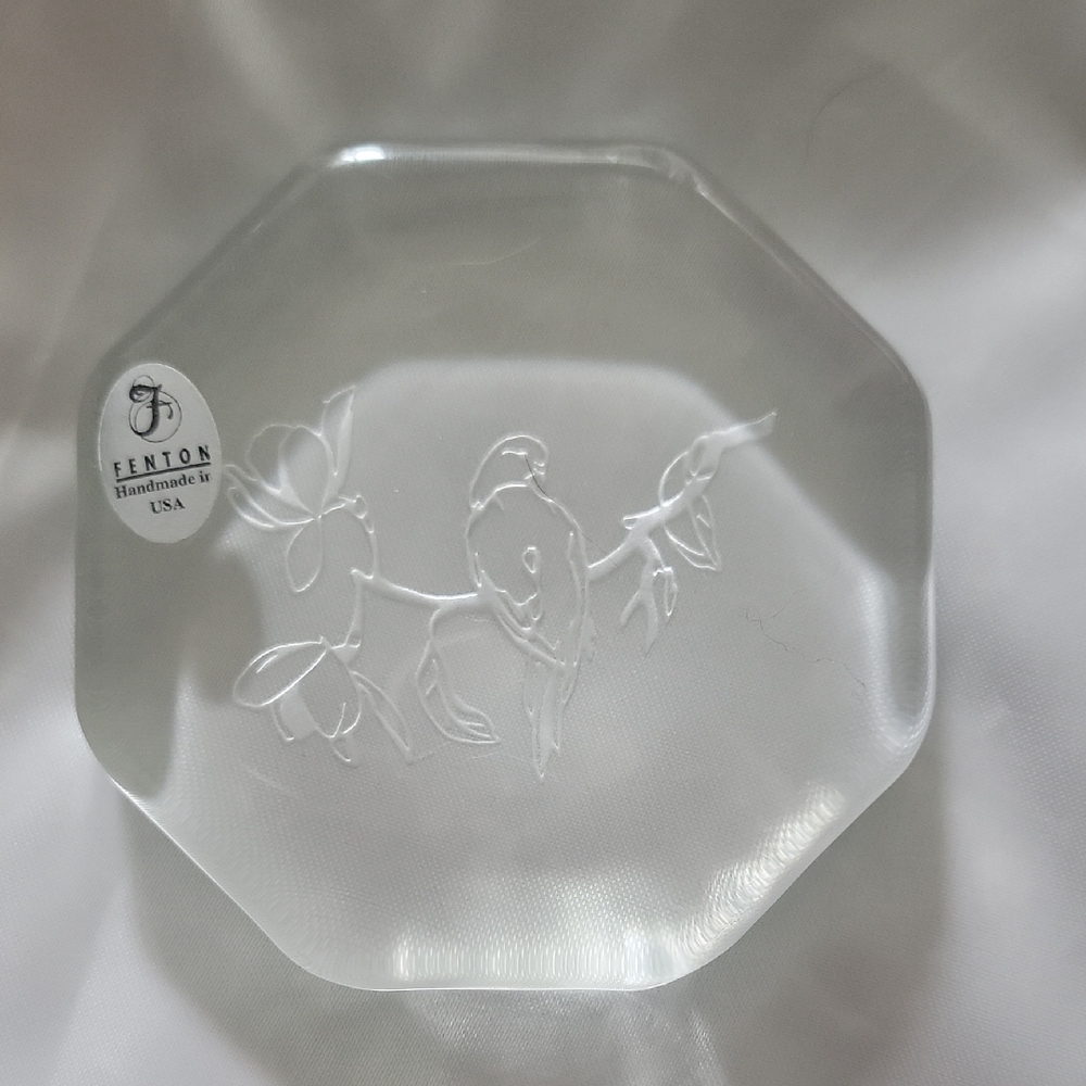 Fenton Clear Thick Glass Octagonal Paper Weight Coaster Bird Handmade USA